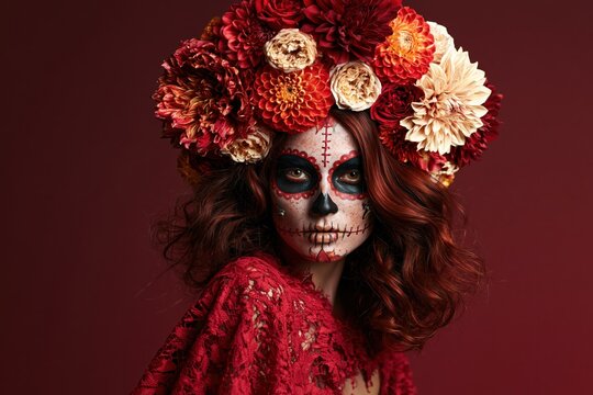 Dia de los Muertos Portrait with Floral Headdress and Skull Makeup