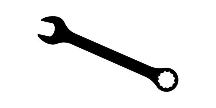 Combination wrench tool silhouette showing open end and box end designs for automotive repair construction maintenance and hardware service center branding.
