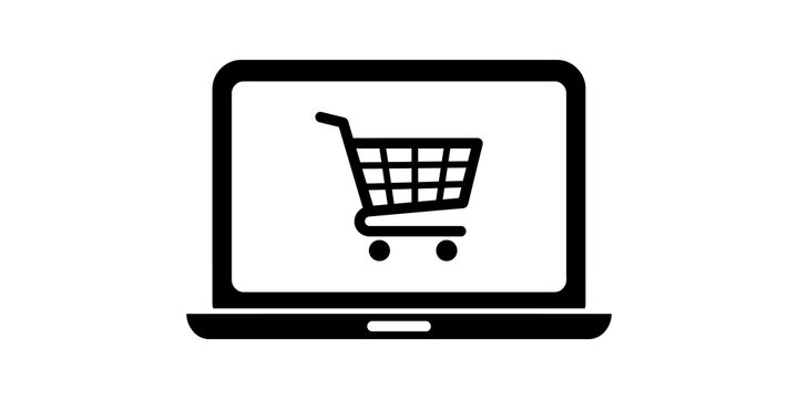 Black outline laptop with shopping cart icon on screen for online store website or digital marketplace design element.