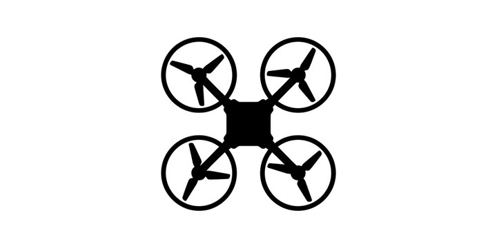 Black quadcopter drone silhouette icon with four propellers isolated on grid background for aerial surveillance photography remote control hobby design concept.
