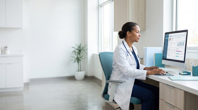 Doctor reviewing electronic health records on a tablet in a modern medical office