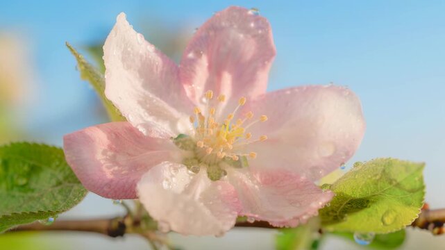 Close-up of fresh pink apple blossom with dew drops on a branch against blue sky