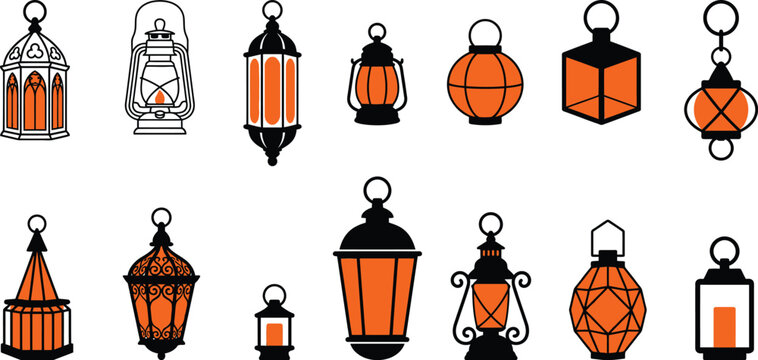 Collection of vintage lanterns and oil lamps silhouette isolated on transparent background