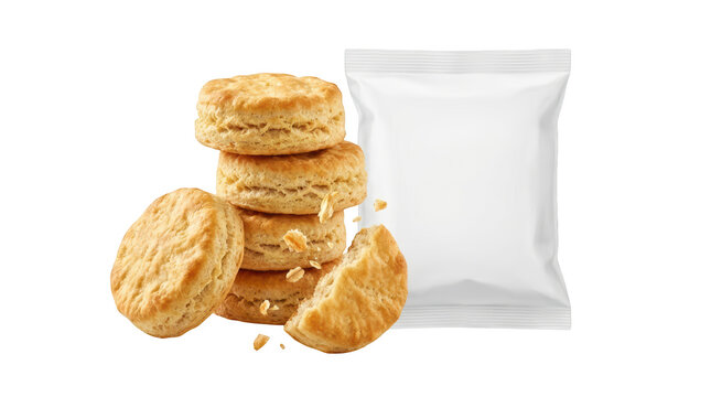 Pile of biscuits with empty packaging isolated on transparent background