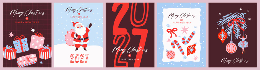 Fototapeta na wymiar Cozy Doodle Merry Christmas and Happy New Year 2027 Cards with Holiday Ornaments and Festive Illustrations, cute Santa, Christmas tree, gifrs, ribbons, bows, pine branches and typography design.