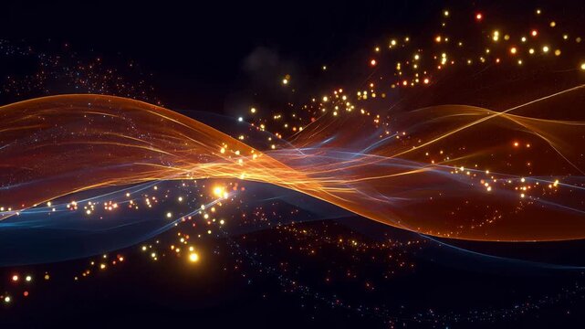 Abstract colorful light waves with glowing particles on dark background for digital technology and energy