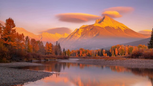 Stunning autumn mountain landscape with colorful fall trees and calm river reflection at sunset