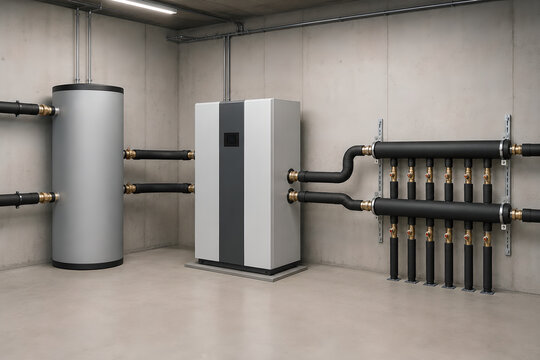 Ground Source Heat Pump System with Buffer Tank and Geothermal Manifold