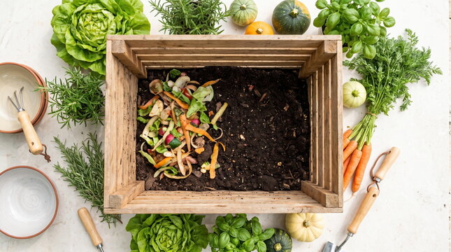 Wooden compost container in a sustainable home garden for organic waste management