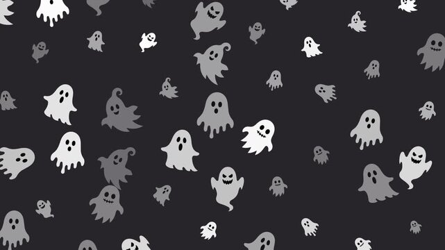 Spooky grayscale ghost silhouettes with mixed cute and scary expressions. Seamless loop Halloween pattern, flat vector on dark charcoal background.