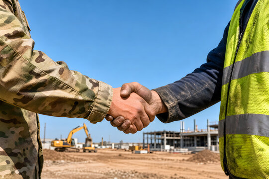 Defense infrastructure project soldier construction worker handshake
