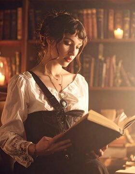 Young Woman in Vintage Clothing Reading a Book in a Candlelit Library