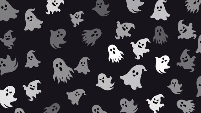 Spooky grayscale ghost silhouettes with jagged tails, mixed cute and scary faces. Seamless loop Halloween pattern, flat vector on black background.
