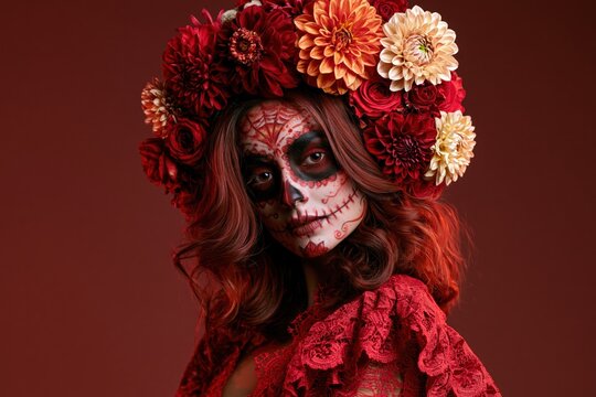 Dia de los Muertos Portrait with Floral Headdress and Skull Makeup