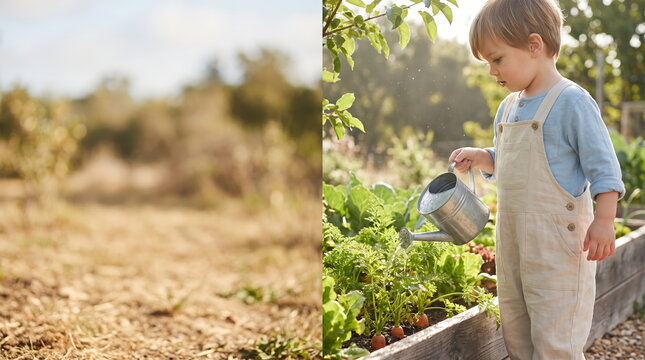 Child Watering a Vegetable Garden for Eco-Friendly Education