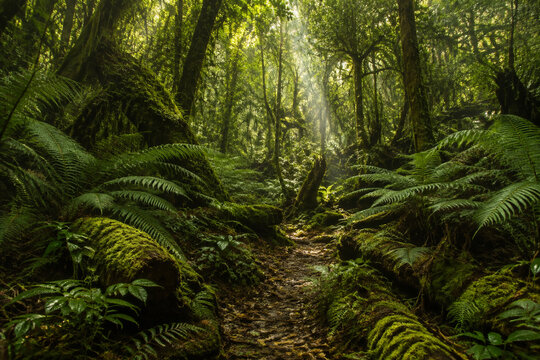 Uncivilized primeval forest floor with ferns and mossy logs