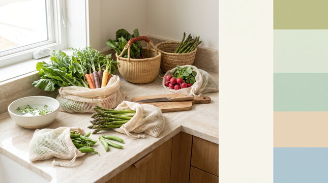 Fresh seasonal vegetables arranged in a kitchen for healthy cooking