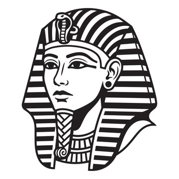 Black and White Ancient Egypt Pharaoh Cleopatra Head Vector Line Art Headdress Cobra Uraeus Scarab Beetle Logo Engraving.