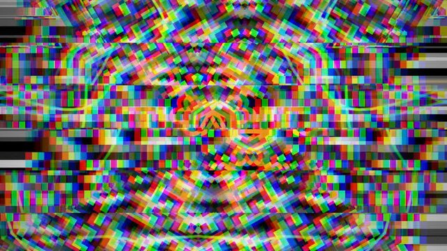 Abstract digital glitch distortion loop with vibrant neon pixelated wave patterns and RGB noise effects