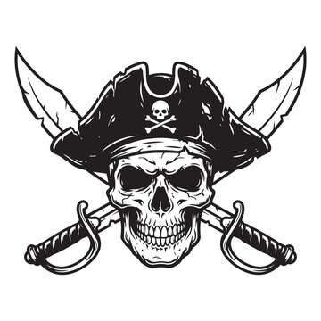 Pirate Skull Vector Illustration with Bandana Jolly Roger and Crossed Cutlass Swords Emblem Logo Design Graphic Artwork for T-Shirt Printing.
