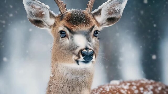 Close-up Portrait of a Deer with Snow in a Winter Forest