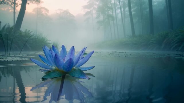 Beautiful blue water lily blooming on calm lake surface with misty forest background at dawn
