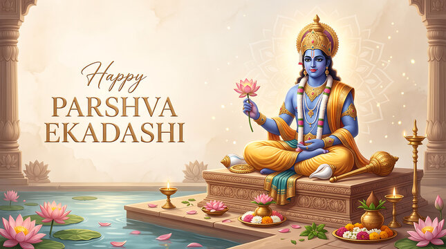 Divine blue deity sitting serene amidst sacred lotus flowers during traditional hindu festival celebration greeting with platform surrounded blooming