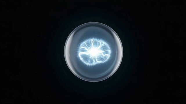 Glowing plasma core pulsing softly inside a transparent glass orb rotating in dark space.