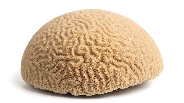 Natural brain coral skeleton specimen with intricate grooved pattern on white background, showing organic textures and rustic marine structures