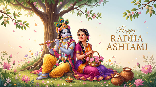 Divine couple sitting under blossoming tree celebrating radha ashtami festival with flute with accompanied lotus flowers traditional earthen pots