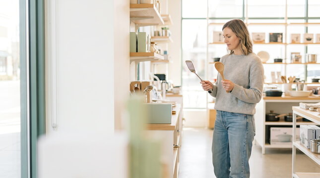 Woman selecting durable household goods in a store