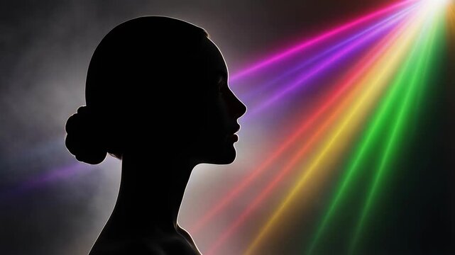 Silhouette of a woman with colorful light beams in the background against a dark smoky backdrop