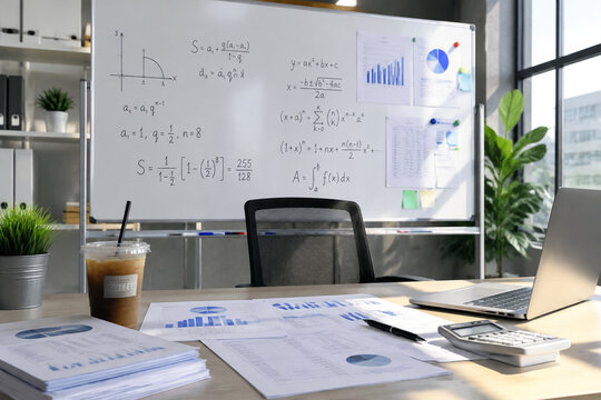 A tidy modern office with a whiteboard of formulas.