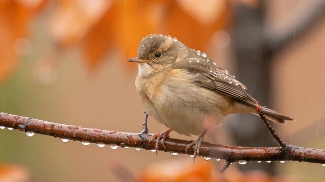 Close up of a small bird perched on a wet branch with raindrops on feathers and autumn background