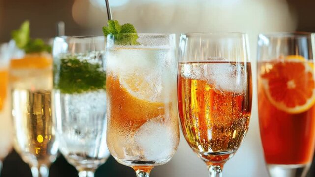 Row of Refreshing Cocktails with Mint and Citrus