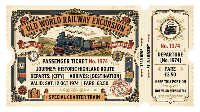 Vintage Railway Ticket "Old World Excursion" - Steam Train Journey
