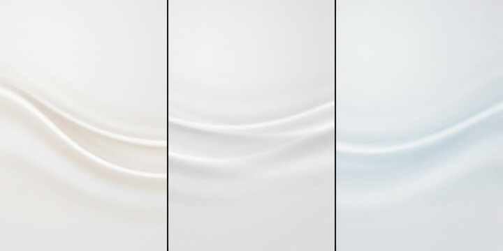 Set of three vertical backgrounds with smooth wavy fabric folds in light beige, gray, and blue