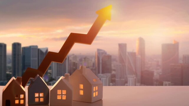 Rising real estate market trend with miniature houses and upward arrow over city skyline at sunset