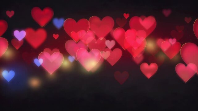 Romantic glowing red and blue hearts bokeh background for love and celebration themes
