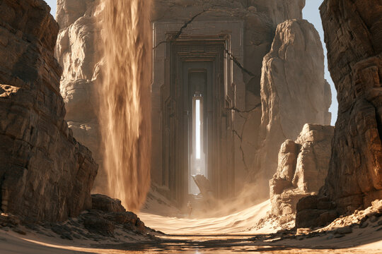 Mysterious Ancient Gate in a Desert Canyon with Sandfall