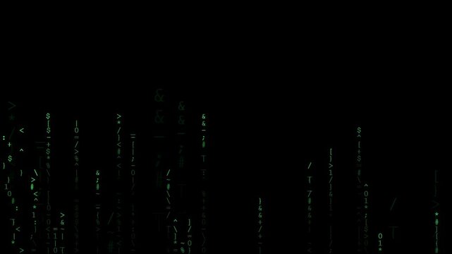 Abstract digital rain of green binary code and symbols falling on a black background