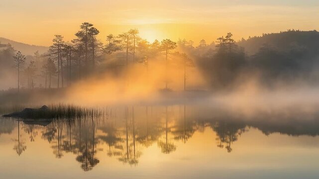 Serene foggy forest lake at sunrise with calm water reflections and golden light