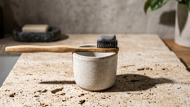 Wooden Bamboo Toothbrush with Charcoal Toothpaste Resting on Ceramic Cup on Travertine