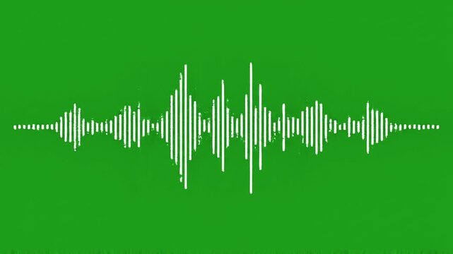 Animaci&oacute;n de espectro y onda de audio en color blanco con fondo de pantalla verde (chroma key), ideal para visualizar m&uacute;sica, podcast o efectos de sonido.