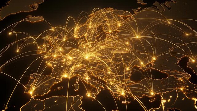 Global network connections glowing over Europe map with digital data flow and communication links