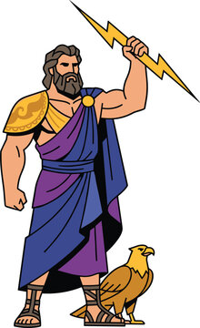 Zeus Greek God Holding Lightning Bolt with Golden Eagle Vector Illustration