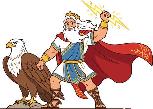 Zeus Greek God Holding Lightning Bolt with Eagle Vector Illustration