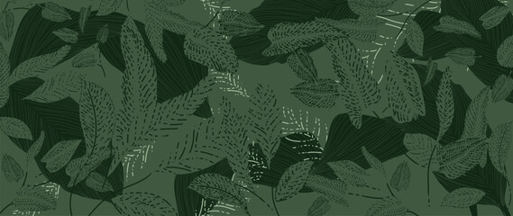 Naklejka premium Matcha green tea botanical background vector with hand drawn textured leaves in deep forest green tones. Premium organic design for tea packaging, cafe branding, labels and wellness products.