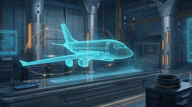 Futuristic digital airplane blueprint in high-tech engineering design laboratory with holographic technology