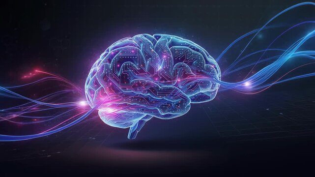 Futuristic digital brain with glowing neural connections and flowing data streams in technology concept